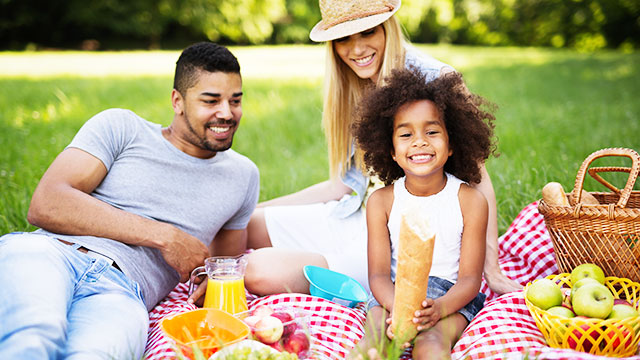 Young couple with daughter enjoying outdoor picnic by the grass